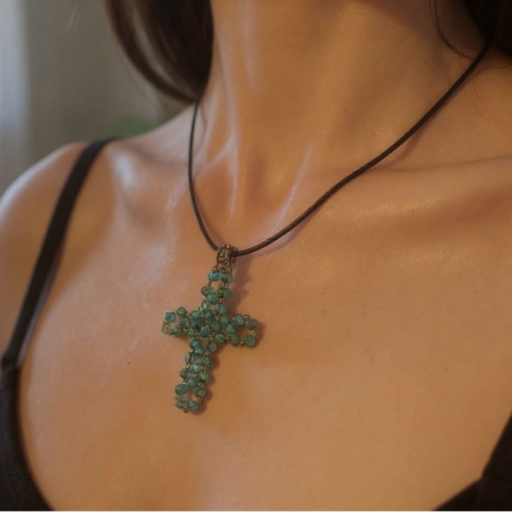 Crystal Hand-Beaded Turquoise Cross Pendant Necklace